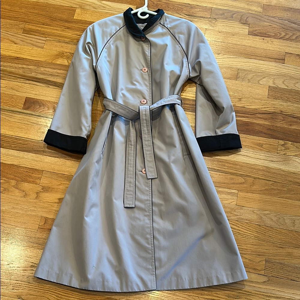 Stylish Taupe Trench Coat with Black Accents